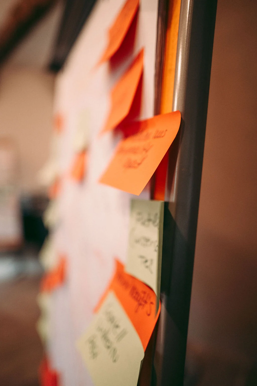 Board covered in orange and yellow sticky notes from the workshop